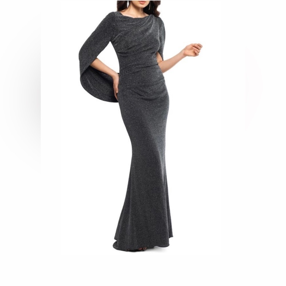 Betsy & Adam Metallic Drape Back Trumpet Gown